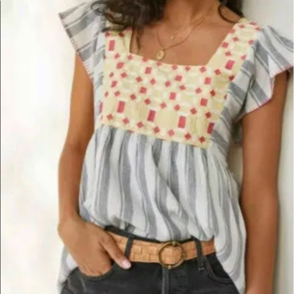 Anthropologie Forever That Girl Basel Embroidered Tunic Top Size 10